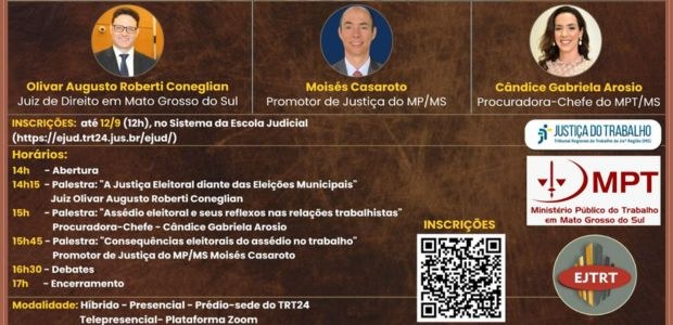 MPT-MS e TRT24 realizam evento sobre assédio eleitoral no ambiente de trabalho Ação será realizada no dia 13 de setembro e contará também com transmissão
online