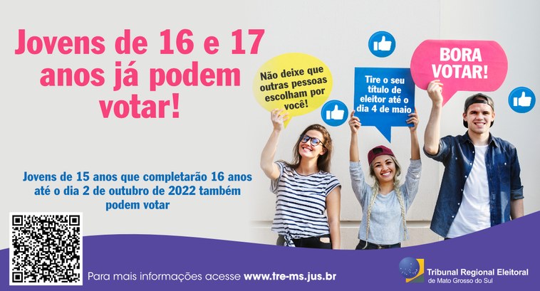 Justiça Eleitoral realiza campanha de incentivo ao alistamento do jovem eleitor Quem completar 16 anos até o dia 2 de outubro de 2022 também já pode se alistar para votar nas p...