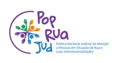 A imagem é um card gráfico com fundo branco. Ao centro, há a logo do PopRudJud, com um meio círc...
