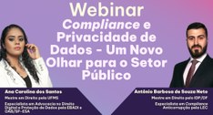 Card na cor lilás com os seguintes dizeres em seu centro: Webinar compliance e privacidade de da...